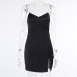 Hbenna Satin Party Mini Dresses Women V-Neck Summer Dresses Split Hem Sexy Skinny Spaghetti Strap Diamonds Solid Elegant Dresses