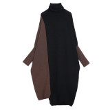 XITAO Patchwork Hit Color Plus Size Dress Women Clothes 2019 Fashion Turtleneck Batwing Sleeve Elegant Dress Autumn New WQR2039