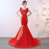 Red Chinese Style Party Evening Long Cheongsam Slim Dress Marriage Gown Luxury Trailing Wedding Qipao Fashion Clothes Vestido Red Chinese Style Party Evening Long Cheongsam Slim Dress Marriage Gown Luxury Trailing Wedding Qipao Fashion Clothes Vestido