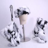 Winter Women Fox Fur Snow Boots Bag Headband Set Fluffy Faux Fur Botas Mujer Luxury Furry Plush Boots Ladies Warm Fox Fur Shoes