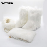 Winter Women Fox Fur Snow Boots Bag Headband Set Fluffy Faux Fur Botas Mujer Luxury Furry Plush Boots Ladies Warm Fox Fur Shoes