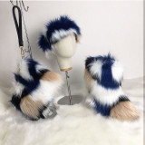 Winter Women Fox Fur Snow Boots Bag Headband Set Fluffy Faux Fur Botas Mujer Luxury Furry Plush Boots Ladies Warm Fox Fur Shoes