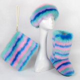 Winter Women Fox Fur Snow Boots Bag Headband Set Fluffy Faux Fur Botas Mujer Luxury Furry Plush Boots Ladies Warm Fox Fur Shoes