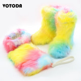Winter Women Fox Fur Snow Boots Bag Headband Set Fluffy Faux Fur Botas Mujer Luxury Furry Plush Boots Ladies Warm Fox Fur Shoes