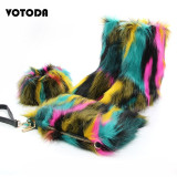 Winter Women Fox Fur Snow Boots Bag Headband Set Fluffy Faux Fur Botas Mujer Luxury Furry Plush Boots Ladies Warm Fox Fur Shoes