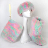 Winter Women Fox Fur Snow Boots Bag Headband Set Fluffy Faux Fur Botas Mujer Luxury Furry Plush Boots Ladies Warm Fox Fur Shoes
