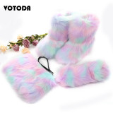 Winter Women Fox Fur Snow Boots Bag Headband Set Fluffy Faux Fur Botas Mujer Luxury Furry Plush Boots Ladies Warm Fox Fur Shoes