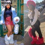 Winter Women Fox Fur Snow Boots Bag Headband Set Fluffy Faux Fur Botas Mujer Luxury Furry Plush Boots Ladies Warm Fox Fur Shoes
