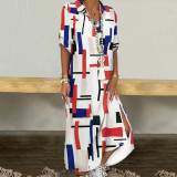 Women Elegant Button Down Long Shirt Dress Summer Chain Print Lapel Neck Party Dress Casual Long Sleeve Maxi Beach Dress Vestido