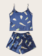 Feather Print Satin Cami Pajama Set Feather Print Satin Cami Pajama Set