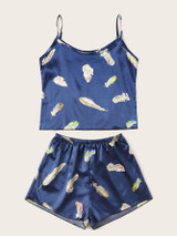 Feather Print Satin Cami Pajama Set Feather Print Satin Cami Pajama Set
