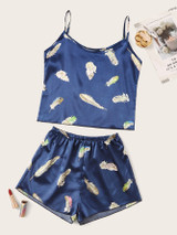 Feather Print Satin Cami Pajama Set Feather Print Satin Cami Pajama Set