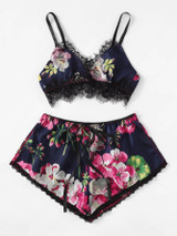 Lace Trim Floral Lingerie Set