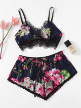 Lace Trim Floral Lingerie Set