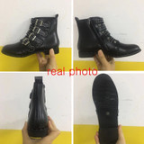 Rivets Faux Leather Booties Buckle Straps Thick Heel Black Ankle Women Boots