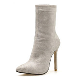Ankle Boots Plus Size 35-42 Rhinestones High Heels Shoes Woman Zip Pointed Toe Sexy Boots