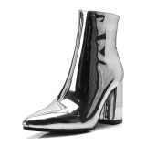 New Sliver Gold Women Ankle Boots Pointed Toe Chunky High Heel Boots
