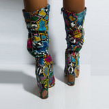 WETKISS Colorful Snake Skin Boots Women High Heel Thick Boot