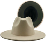 New Outer cream Inner Army Green Wool Felt Jazz Fedora Hats with Thin Belt Buckle Men Women Wide Brim Panama Trilby Cap 60CM