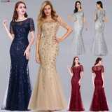 Formal Evening Dresses 2019 Ever Pretty New Mermaid O Neck Short Sleeve Lace Appliques Tulle Long Party Gowns Robe Soiree Sexy