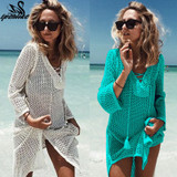 2018 New Beach Cover Up Bikini Crochet Knitted Tassel Tie Beachwear Summer Swimsuit Cover Up Sexy See-through Beach Dress