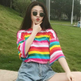 Striped T Shirt Women Rainbow Striped Tops Harajuku Tshirt 2018 Summer Short Sleeve Korean Punk T-shirt camiseta feminina T8