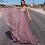 Sexy Rose Gold Prom Dresses 2019 A-Line Sequin Party Maxys Long Prom Gown V-neck Backless Evening Dress vestido de festa longo