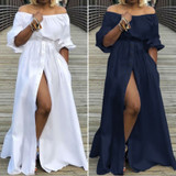 High Split Sexy Maxi Dress Celmia Women Off Shoulder Long Dress Casual Loose Solid Plus Size Summer High Waist Buttons Sundress