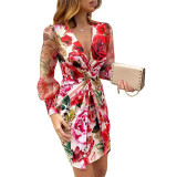 Sexy Womens Mesh Sleeve Mini Dress Summer Fashion V-neck Ladies Party Bodycon Casual Long Sleeve Wrap Jumper Ruffles Mini Dress