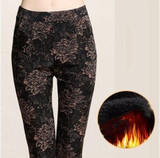 Autumn Winter Women's High Elasticity  Plus Velvet  Leggings Female Plus Size Fleece Trousers Flower Print Velvet Pencil Pants
