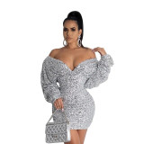 Women Winter Bodycon Mini Dress Gold/Silver/Black Sequined Deep V Neck Full Sleeve Sexy Club Night Party Bandage Short Dresses