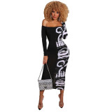 Fashion Letter Print Maxi Long Dress Women Sexy Off Shoudler Skinny Bodycon Dresses Club Vestidos 2020 Summer Women Clothes