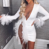 Articat Sexy See Through Sequin Mesh Patchwork Dresses Women Deep V White Feather Mini Party Dress Ladies Nightclub Vestidos
