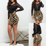 Women Long Sleeve Bandage Bodycon See Through Deep V Neck Patchwork Evening Party Club Mini Dress Sexy