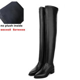 Knee Boots Black Cow Leather+Flock Thigh High Boots Women Pointed Toe Flat Women Thigh Boots Knee High Boots JD01 MUYISEXI