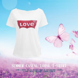 Womens O neck cotton Loose T-Short Sleeve tops T Shirts Ladies Love Letter Casual Crop Tops
