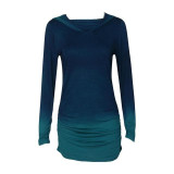 Fashion Autumn 2018 Women T shirt Long Sleeve Hooded Gradient Color Tee Tops Female Blue Purple  t-shirt woman vetement femme