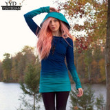 Fashion Autumn 2018 Women T shirt Long Sleeve Hooded Gradient Color Tee Tops Female Blue Purple  t-shirt woman vetement femme