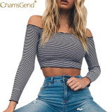 Free Shipping Women Sexy Off Shoulder Long Sleeve Striped Crop Top Fitness Shirt 80521 Drop Shipping