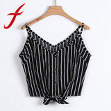 Feitong Women's Crop Tops Casual V Neck Striped Button Seft Tie Front Crop Cami Tops Camisole Shirt Vest regata feminina 2018