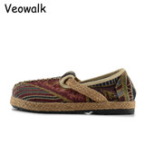 Veowalk Brown Cotton Embroidered Women Casual Linen Loafers