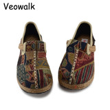 Veowalk Brown Cotton Embroidered Women Casual Linen Loafers