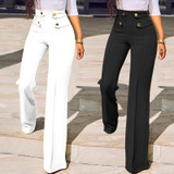 Women Fashion Wide Leg Pants 2019 Celmia Office Lady Work High Waist Elegant Trousers Buttons Casual Solid Palazzo Plus Size 5XL