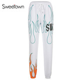 Sweetown White Flaming Fire Printed Streetwear Pants Women Korean Style Elastic High Waist Sweatpants Baggy Pants Summer Autumn