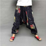 Women Causal Print Hippy Baggy Boho Elastic Cross-Pants Loose Trousers Aladdin Lantern Wide Leg Cotton Linen Harem Pants Plus