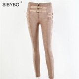 SIBYBO Suede Skinny High Waist Casual Women Pants Fashion Belt Buckle Pencil Pants Women Solid Autumn Sexy Trousers Women 2019 SIBYBO Suede Skinny High Waist Casual Women Pants Fashion Belt Buckle Pencil Pants Women Solid Autumn Sexy Trousers Women 2019