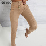 SIBYBO Suede Skinny High Waist Casual Women Pants Fashion Belt Buckle Pencil Pants Women Solid Autumn Sexy Trousers Women 2019 SIBYBO Suede Skinny High Waist Casual Women Pants Fashion Belt Buckle Pencil Pants Women Solid Autumn Sexy Trousers Women 2019
