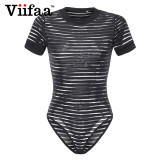 Viifaa Sexy Black Bodysuit Women See-Through Mesh Bodycon Bodys Transparent Body Femme Night Out Summer Party Bodysuits