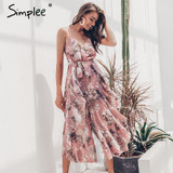 Simplee Bohemian floral print women jumpsuit Sexy v-neck spaghetti strap sashes jumpsuit romper Elegant ruffled female overalls