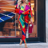 Colorblock print plunge casual jumpsuit For Women 2019 Autumn 2019 batwing sleeve rompers womens jumpsuit combinaison femme